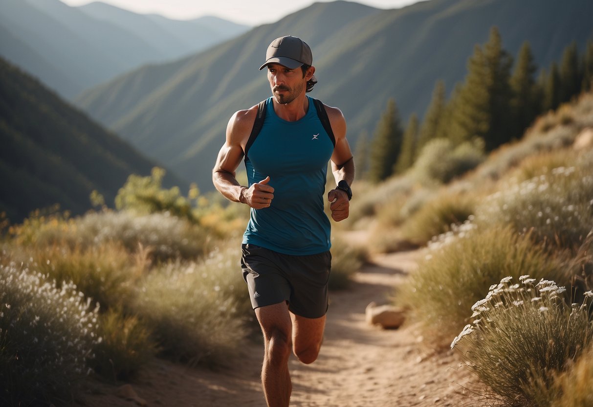 A trail runner wearing a lightweight hat, shielded from the sun, with breathable fabric and a secure fit, running along a scenic trail