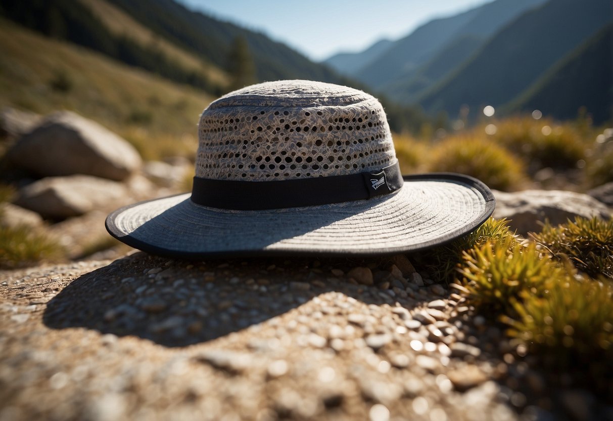 A trail runner's hat lies on a rocky path, surrounded by lightweight, breathable materials. The sun shines down, casting shadows on the hat's adjustable straps and moisture-wicking fabric