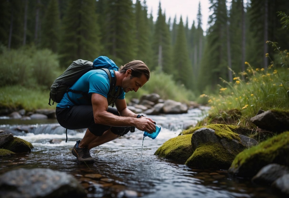 A trail runner pours water from a stream into a portable filter, uses UV light, and adds purification tablets. They also boil water over a campfire and collect rainwater in a container