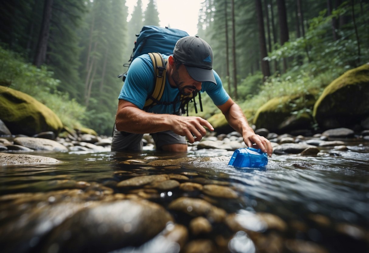 A trail runner uses a LifeStraw to purify water from a stream, surrounded by trees and rocks. The filter is held up to the water source, with a clear flow of water passing through