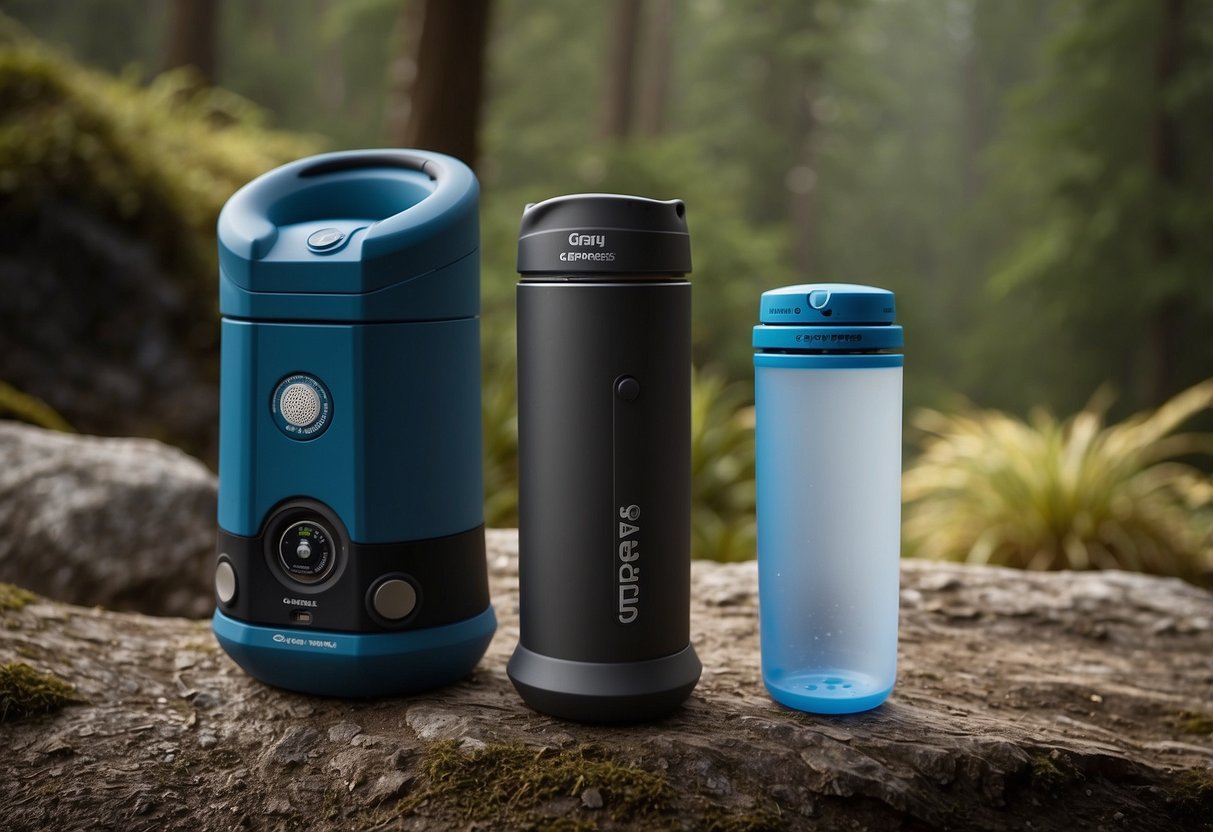 The Grayl GeoPress Water Purifier is shown in use on a trail, with various natural water sources nearby. The purifier is being used in 10 different ways to demonstrate its versatility while trail running