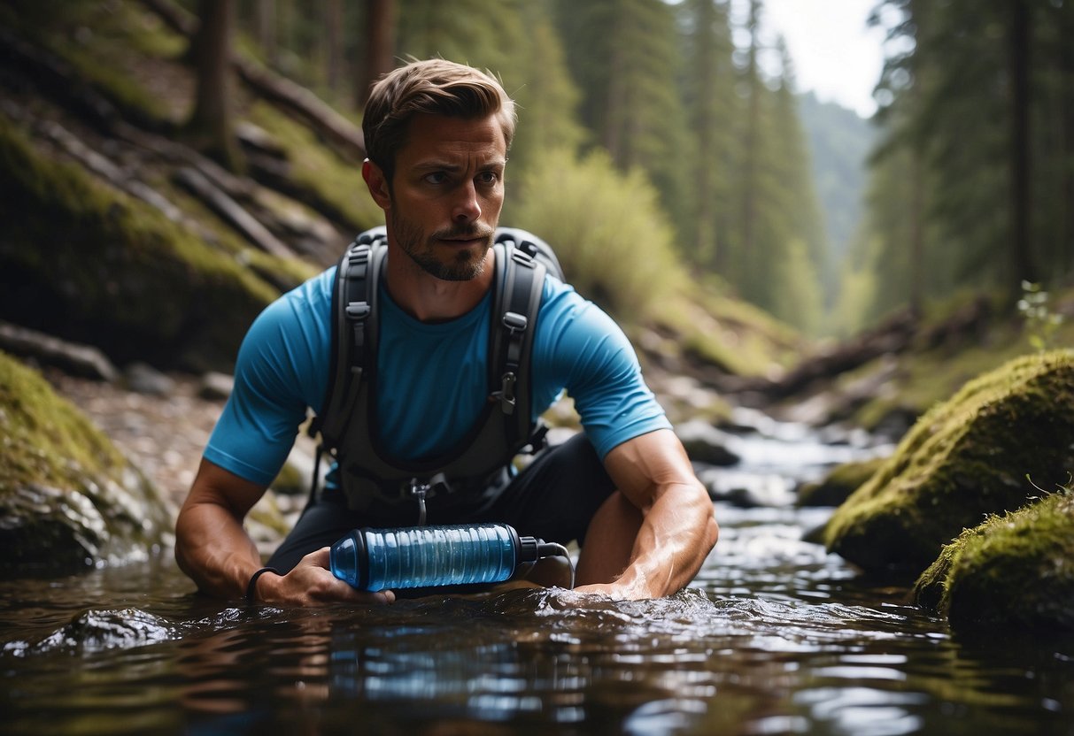 A trail runner holding a HydroBlu Versa Flow Light, filtering water from a stream, surrounded by trees and rocks