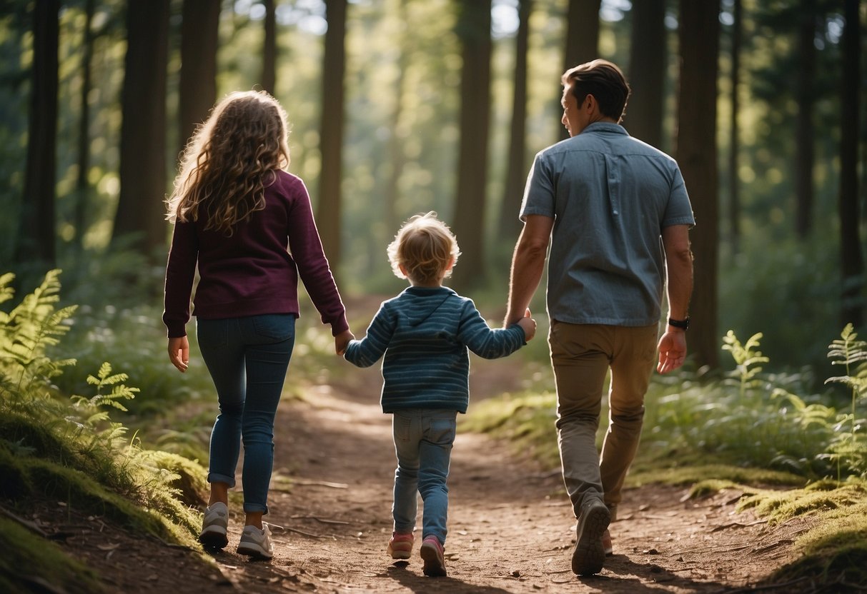 Children running on a forest trail with a parent, surrounded by trees and nature. The parent is guiding and encouraging the kids as they navigate the uneven terrain