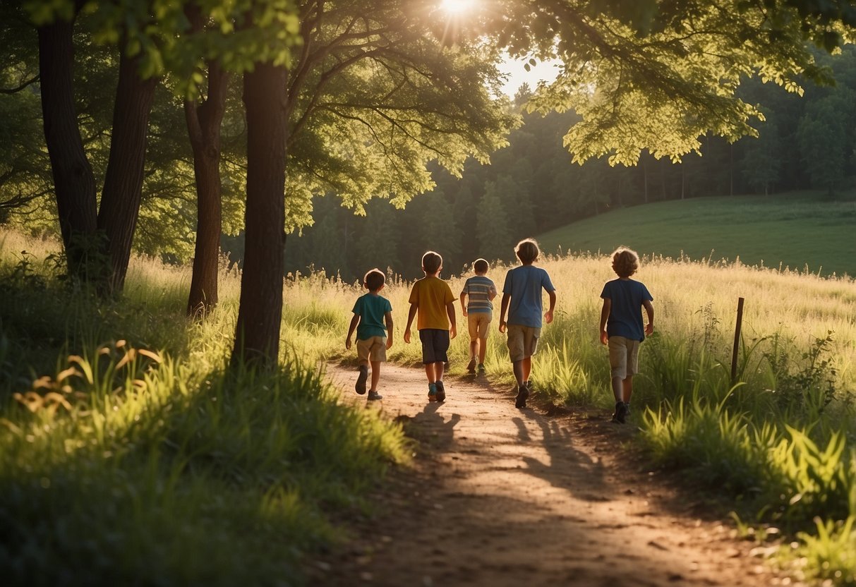 A group of children and adults navigate a gentle trail, surrounded by trees and rolling hills. The sun shines through the foliage, casting dappled shadows on the path