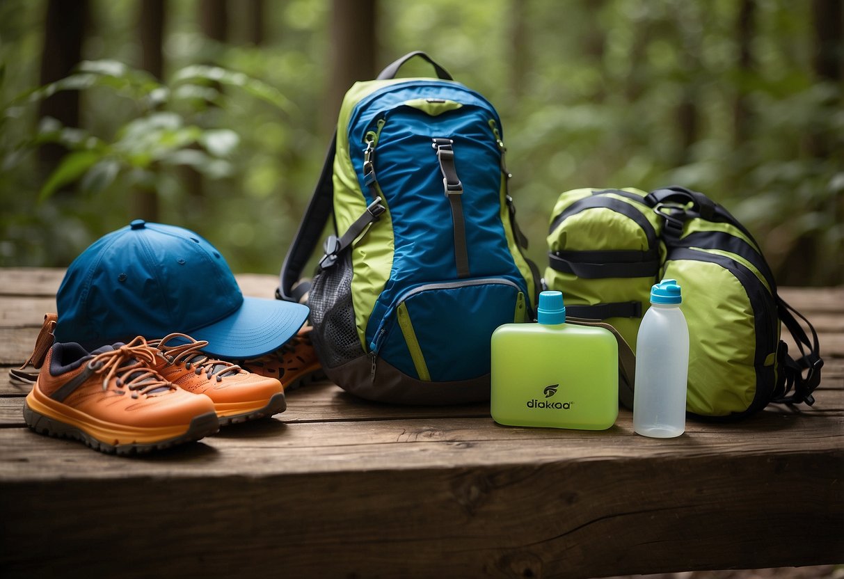 A child's trail running gear laid out on a wooden bench, including a hydration pack, trail shoes, sunscreen, hat, and snacks. The scene is surrounded by a lush forest with a winding trail in the background