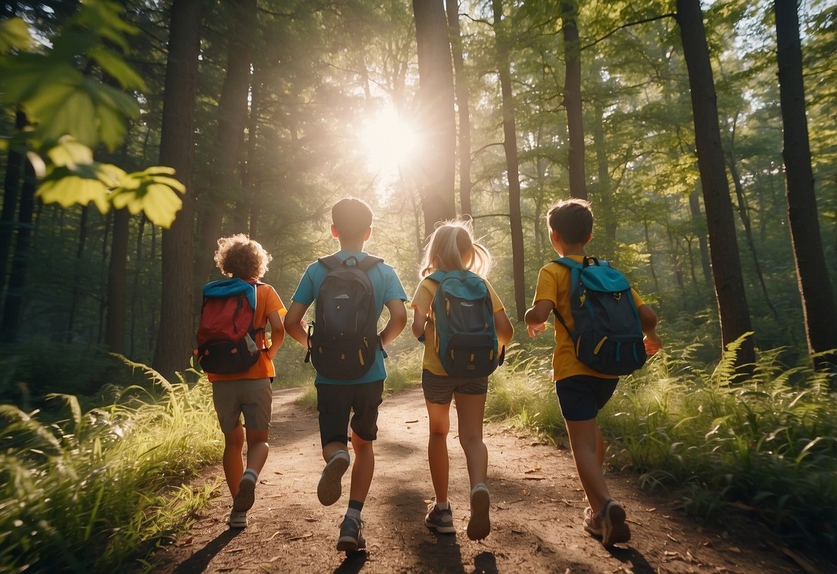 A group of kids and adults running on a forest trail, carrying backpacks filled with snacks. The sun is shining through the trees, and everyone looks happy and energized