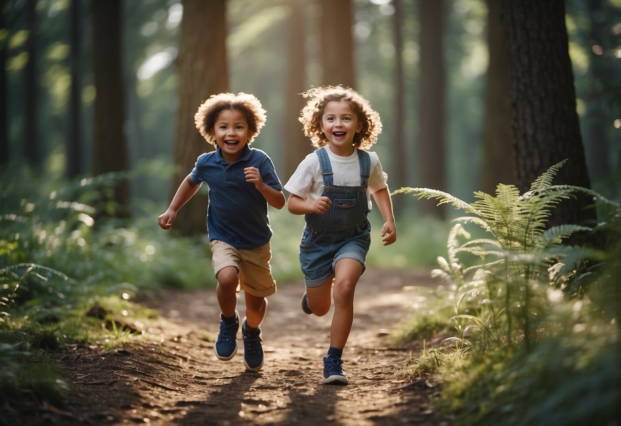 Children running on a forest trail, playing games and laughing. Parent guides them through the path, offering tips and encouragement. Trees and nature surround them