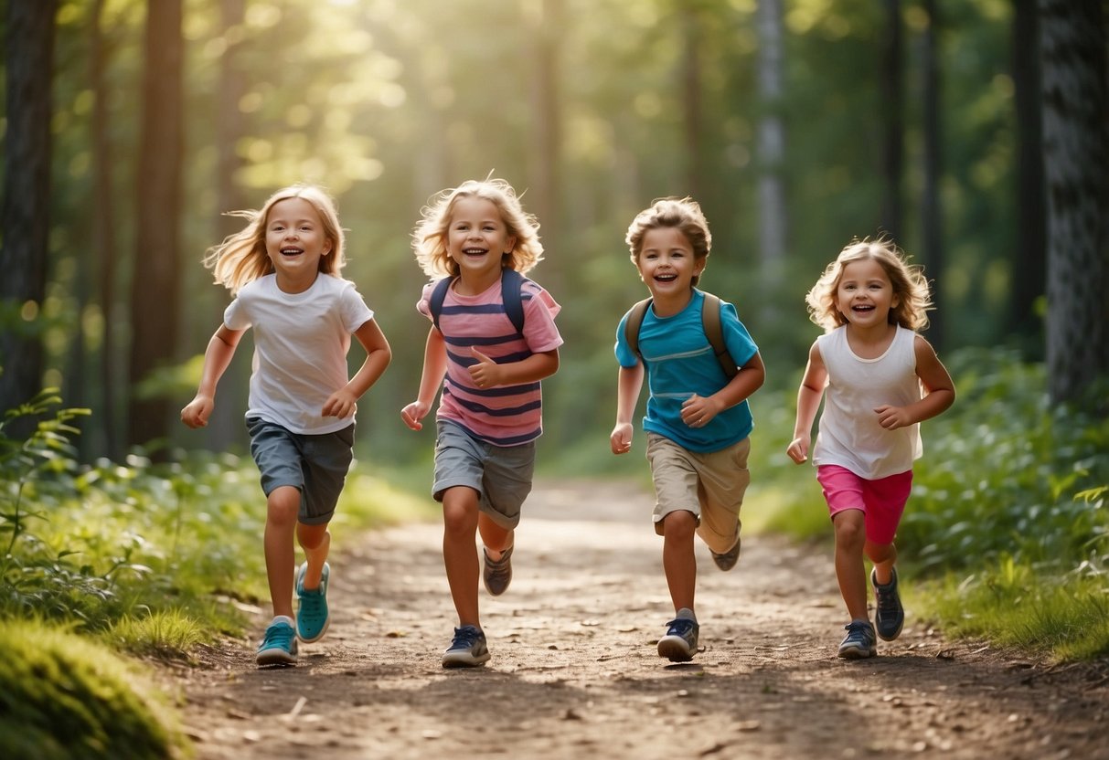 Children running on a forest trail, laughing and smiling, surrounded by trees and nature. A parent or adult figure is seen guiding and encouraging the kids along the path