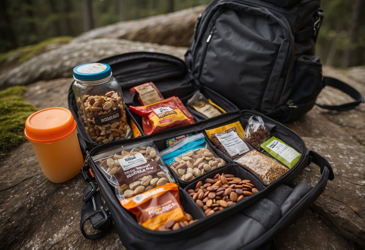 A trail runner's backpack open, displaying lightweight food options: energy bars, nuts, dried fruit, jerky, and trail mix