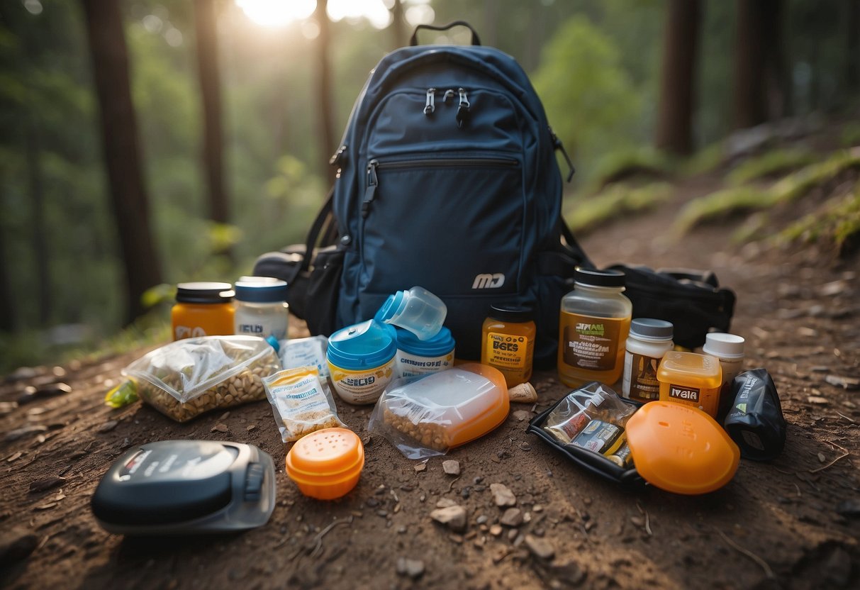 A trail runner's backpack open on the ground, with GU Energy Gels and other lightweight food options spilling out onto the dirt