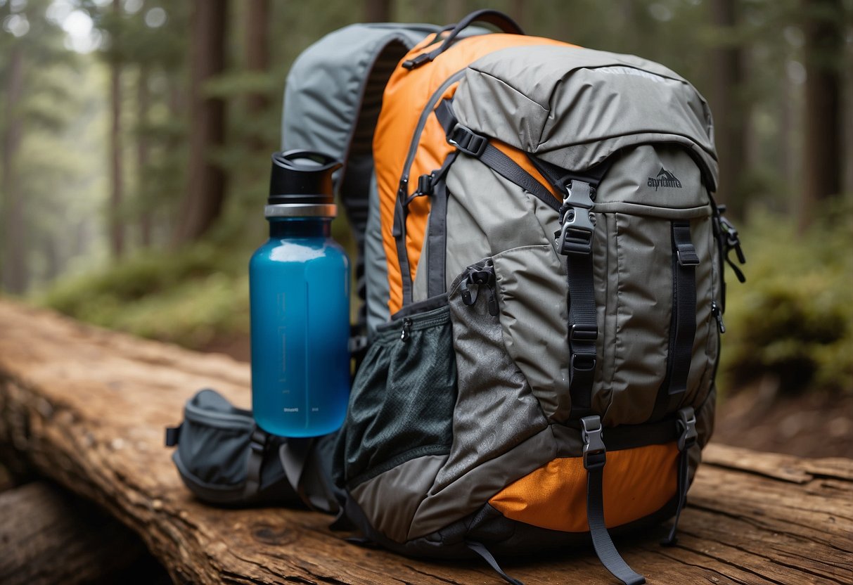 A trail runner's backpack open, revealing lightweight food options like nuts, dried fruits, energy bars, and jerky. A water bottle and trail map are nearby