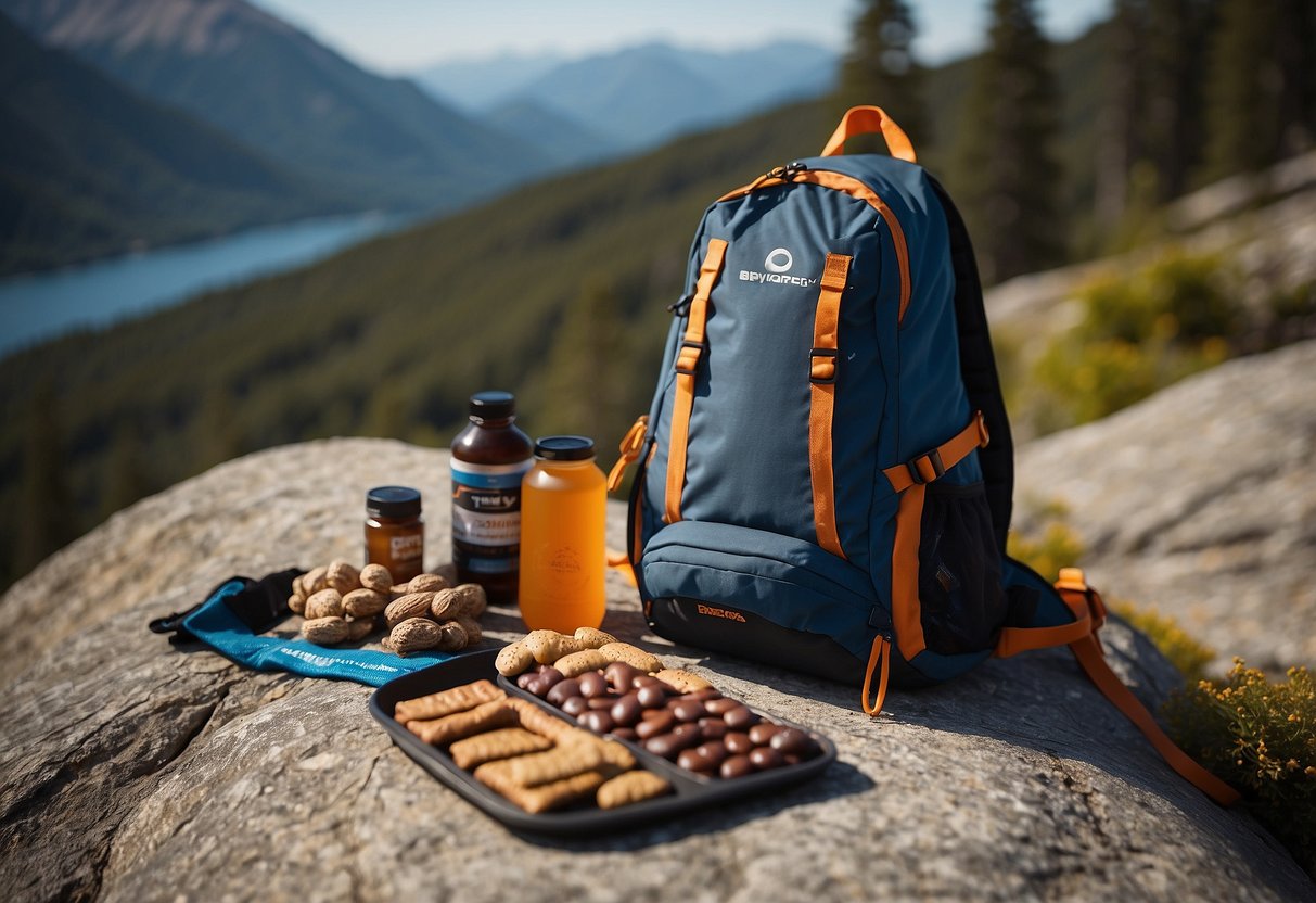 A trail runner's backpack with protein bars, nuts, dried fruits, energy gels, and beef jerky laid out on a rock