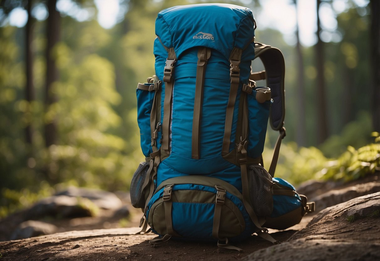 A trail runner's backpack open on the ground, filled with lightweight food options and hydration solutions. Trees and a trail in the background