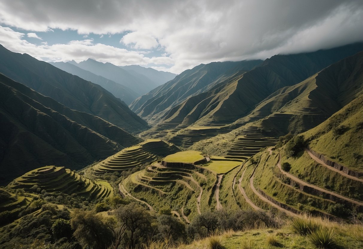 A winding trail cuts through lush Andean mountains, leading to ancient ruins and terraced fields. The air is thin and crisp, with the sound of rushing rivers in the distance