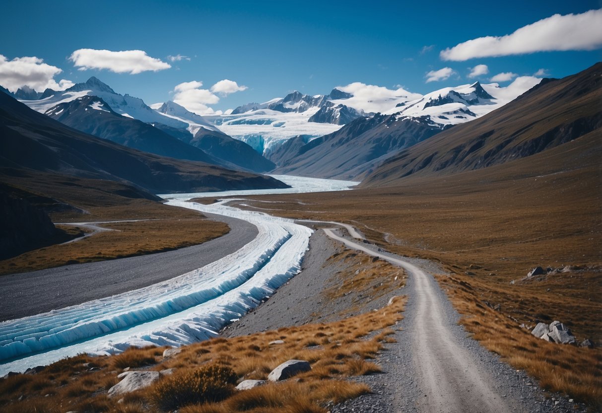 A winding trail cuts through rugged terrain, leading to the impressive Viedma Glacier in Argentina. The glacier's icy blue hues contrast with the surrounding rocky landscape