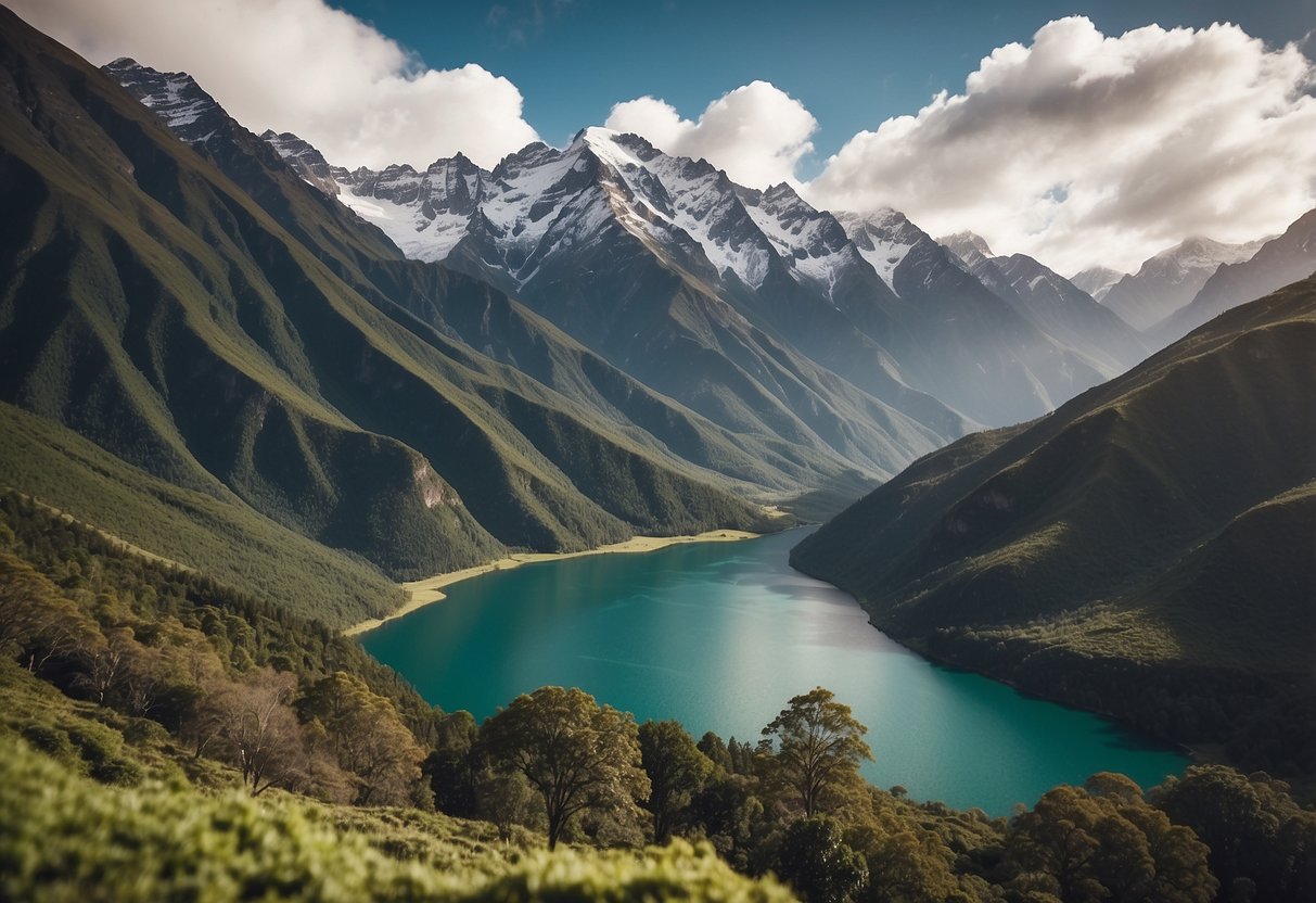 Lush green forest with winding trails, towering Andean peaks in the background, and a serene lake nestled among the mountains