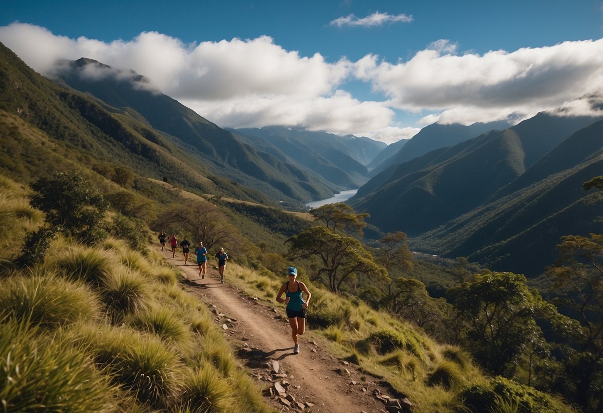 Runners traverse lush, mountainous trails in South America. The scenery includes dense forests, winding rivers, and breathtaking vistas