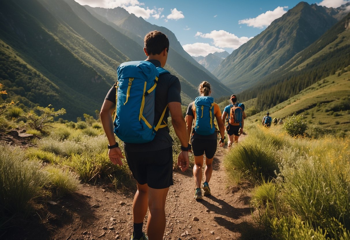 Trail runners gear up with hydration packs, trail shoes, and sunscreen. Mountains loom in the background, while lush vegetation lines the trail