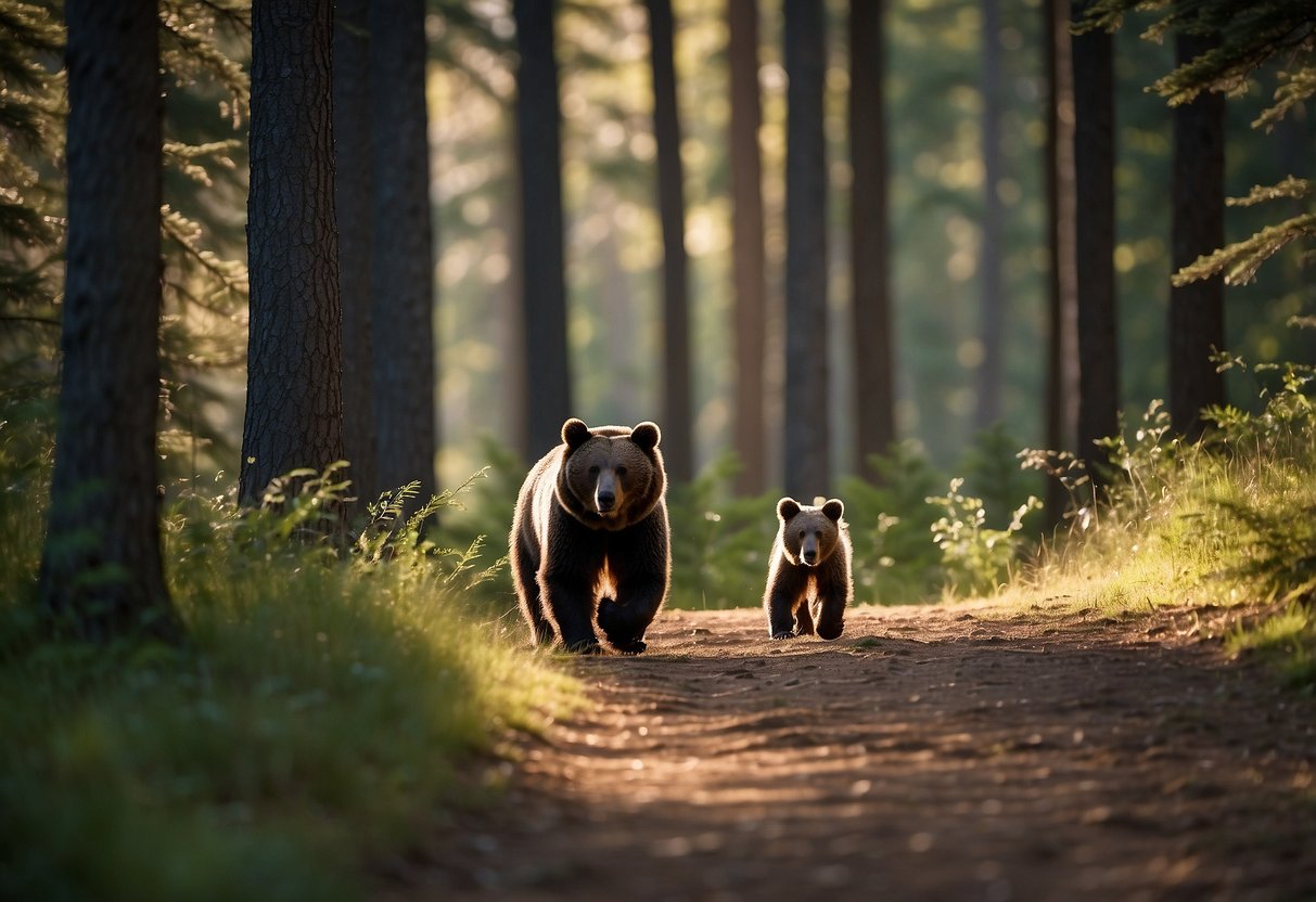 Trail winds through dense forest, with a bear and her cubs in the distance. Runner calmly steps off trail, avoiding eye contact. Birds chirp in the trees, as the runner continues on their path