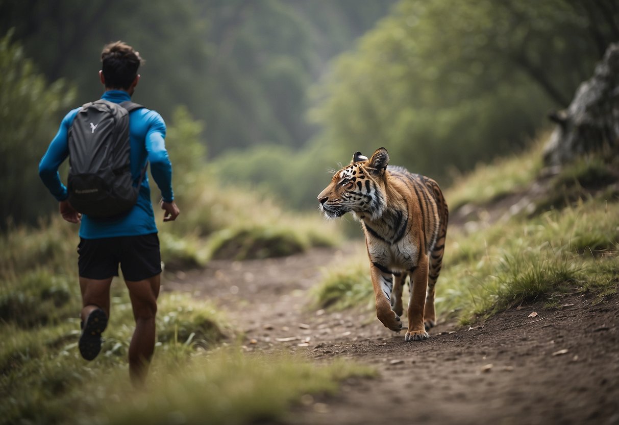 A trail runner approaches a wild animal cautiously, assessing its behavior. The runner appears calm and follows seven tips for dealing with wildlife