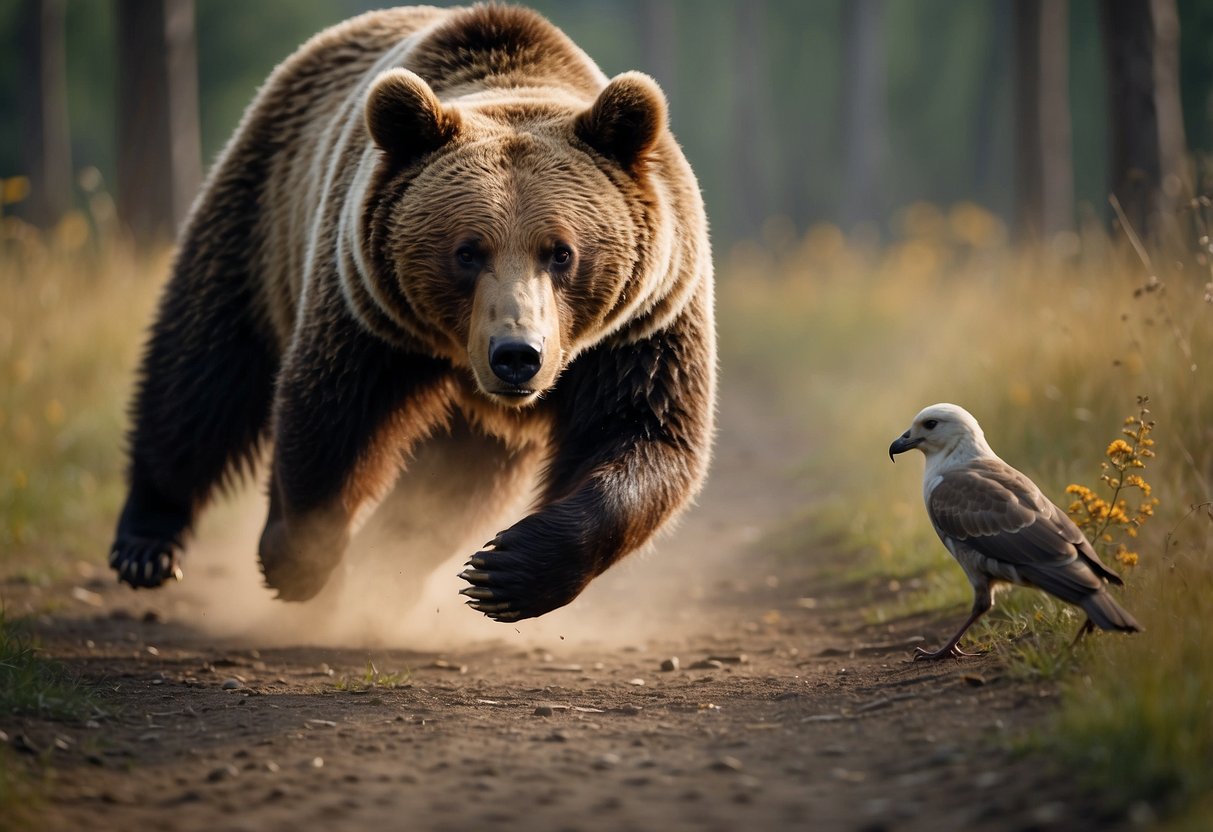 Animals scatter as a runner creates noise on the trail. A bear watches from a distance while birds take flight