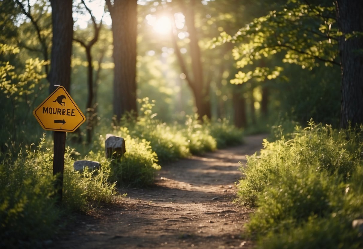 Trail with trees, bushes, and wildlife signs. Possible animals include deer, birds, and small mammals. Use caution and be aware of surroundings