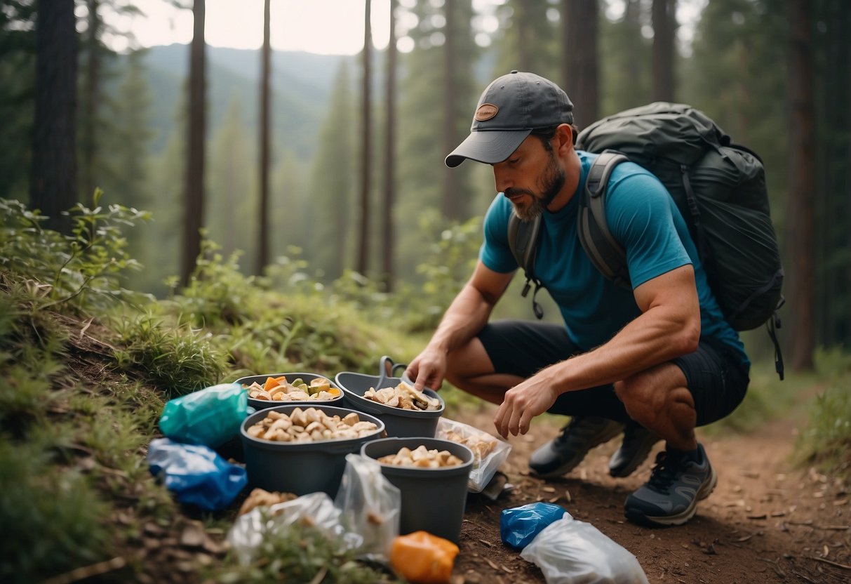 A trail runner properly stores food and trash to avoid attracting wildlife. Tips are displayed in the background