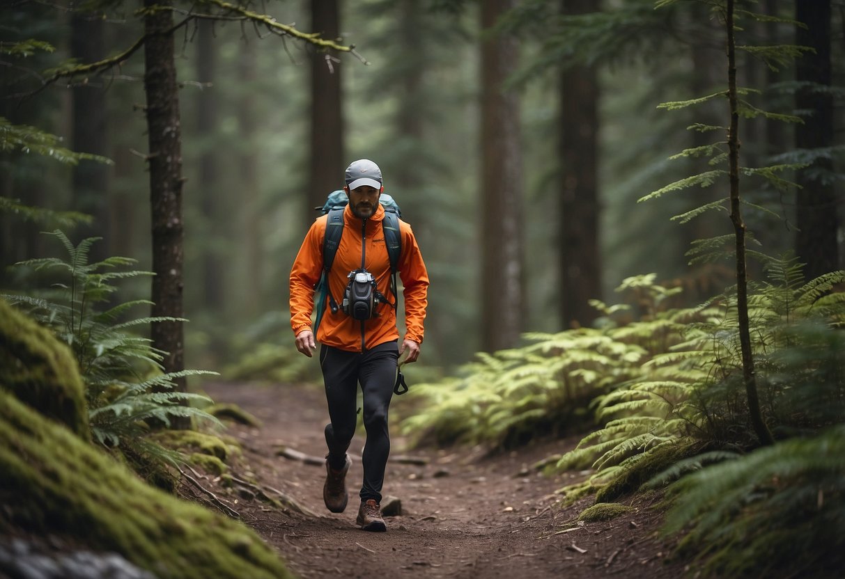 Trail runner navigating through dense forest, keeping distance from wildlife. Carrying bear spray and making noise to alert animals. Wearing bright clothing and staying on marked trails