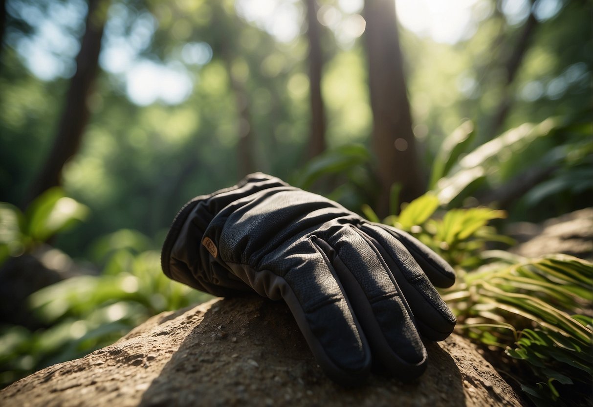 A trail runner's gloves lay on a rocky path, surrounded by lush greenery and dappled sunlight. The lightweight fabric and reinforced palms suggest durability for rugged terrain