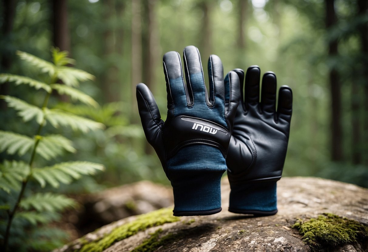 A pair of Inov-8 All Terrain Gloves lies on a rocky trail, surrounded by lush greenery and towering trees, with a clear blue sky overhead