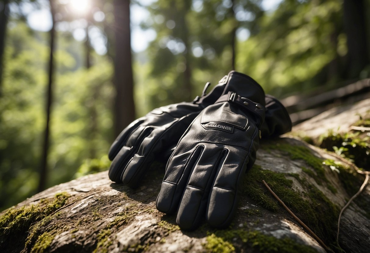 A pair of Salomon Fast Wing Gloves lying on a rocky trail, surrounded by lush greenery and dappled sunlight filtering through the trees