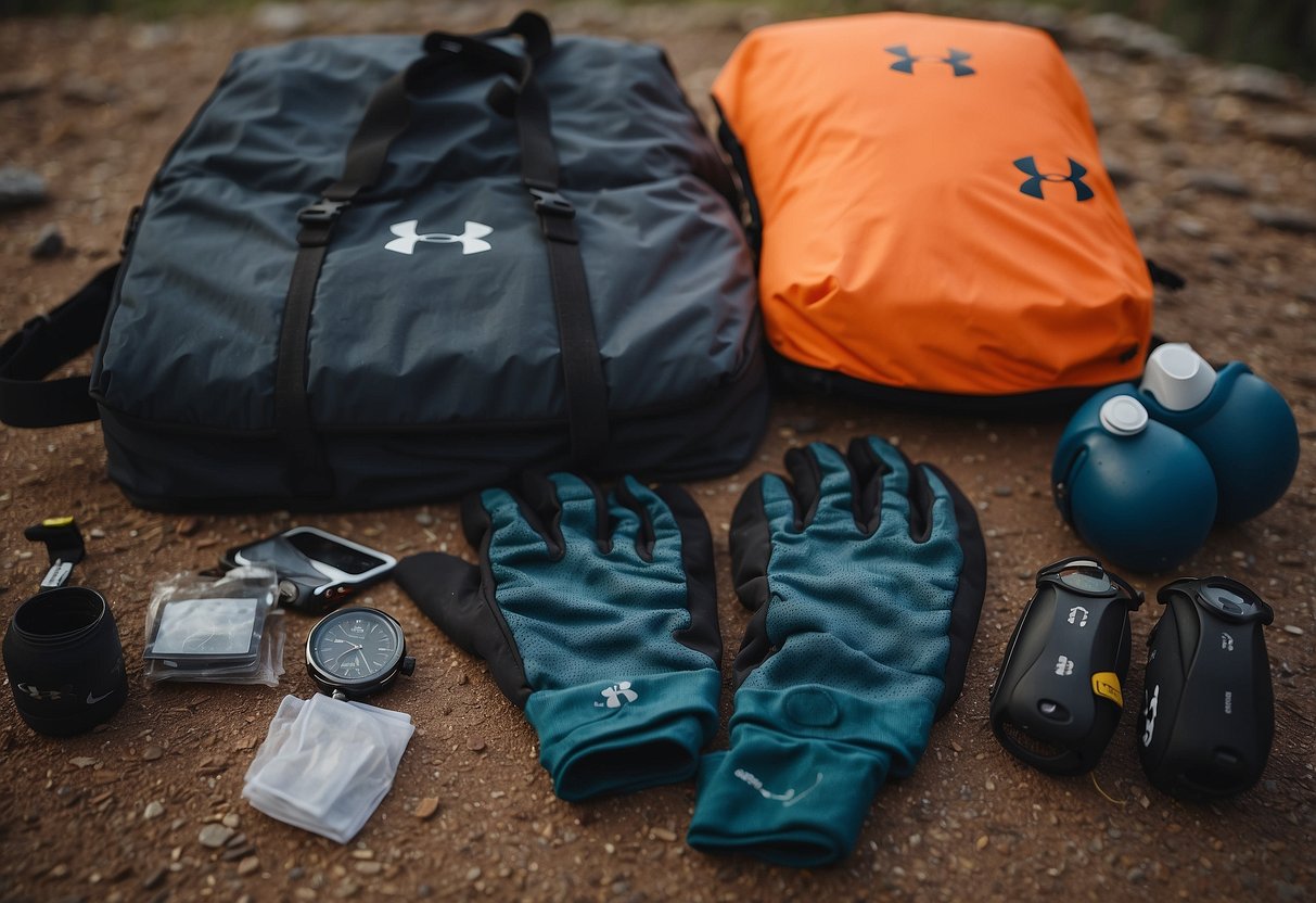 A trail runner's gear laid out: Under Armour Liner Gloves, lightweight and durable, ready for the next adventure