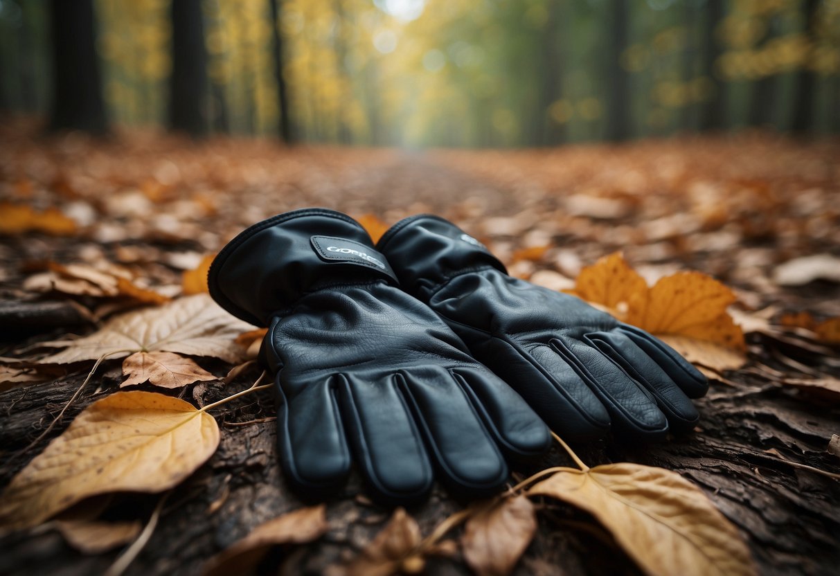 A pair of Gore Wear Windstopper gloves laying on a trail, surrounded by fallen leaves and a winding path through the woods