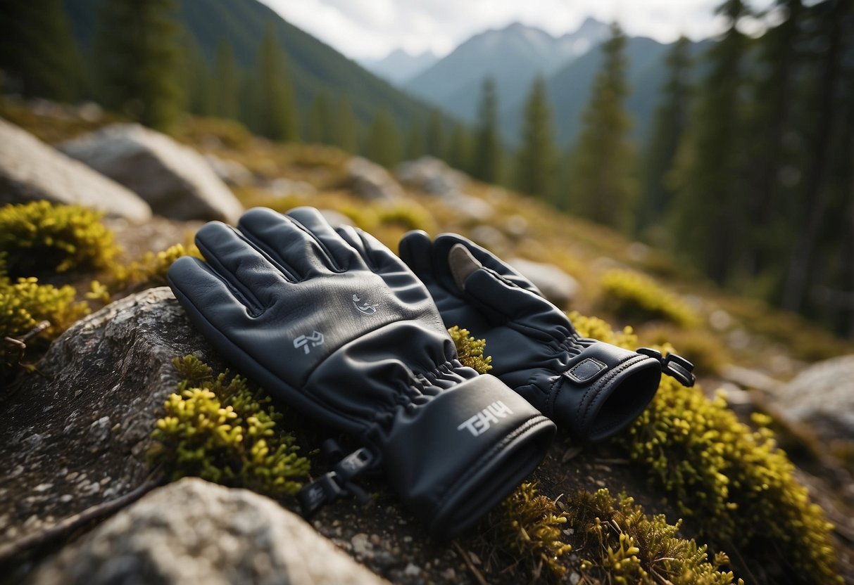 A trail runner's gloves lay on a rocky path, surrounded by trees and mountains. The gloves are lightweight and durable, perfect for the rugged terrain