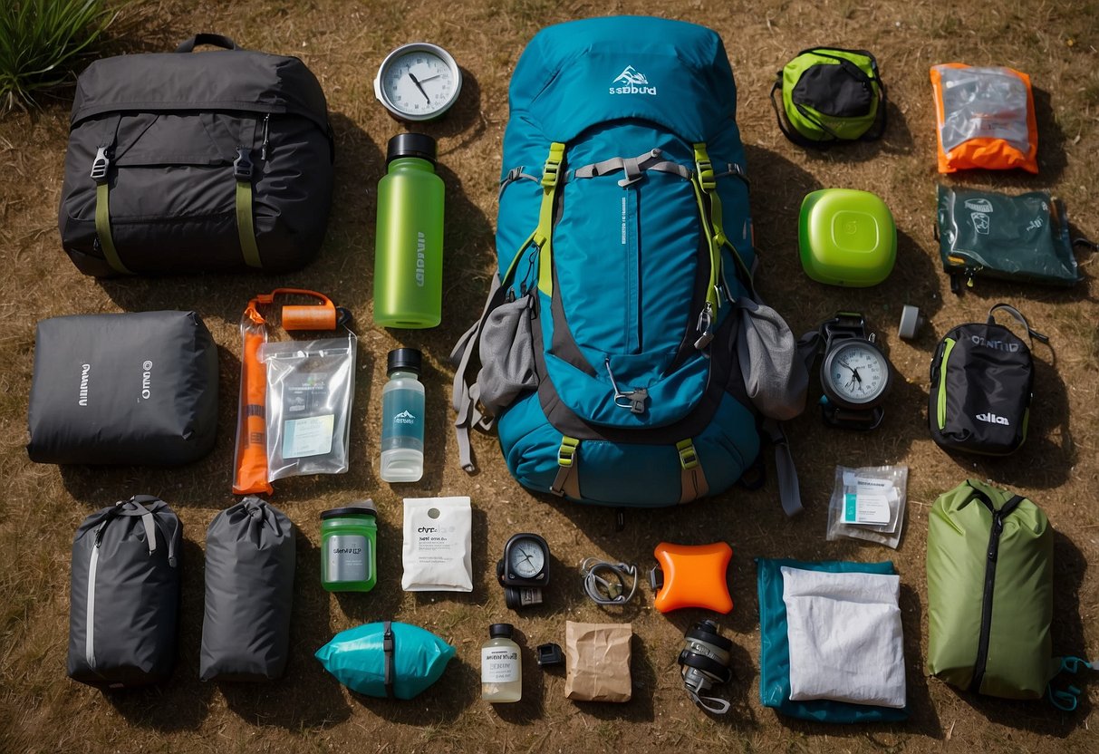 A trail runner's gear laid out: compass, map, GPS watch, headlamp, whistle, hydration pack, trail markers, sun protection, first aid kit, and emergency blanket