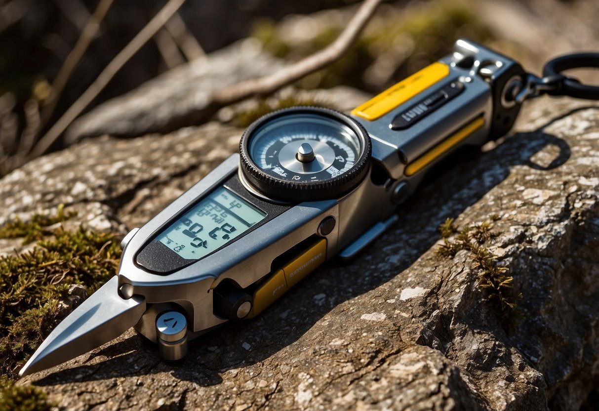 The Leatherman Signal Multi-Tool lies on a rocky trail, surrounded by a compass, map, and GPS device. The sun shines through the trees, casting dappled light on the essential navigation tools