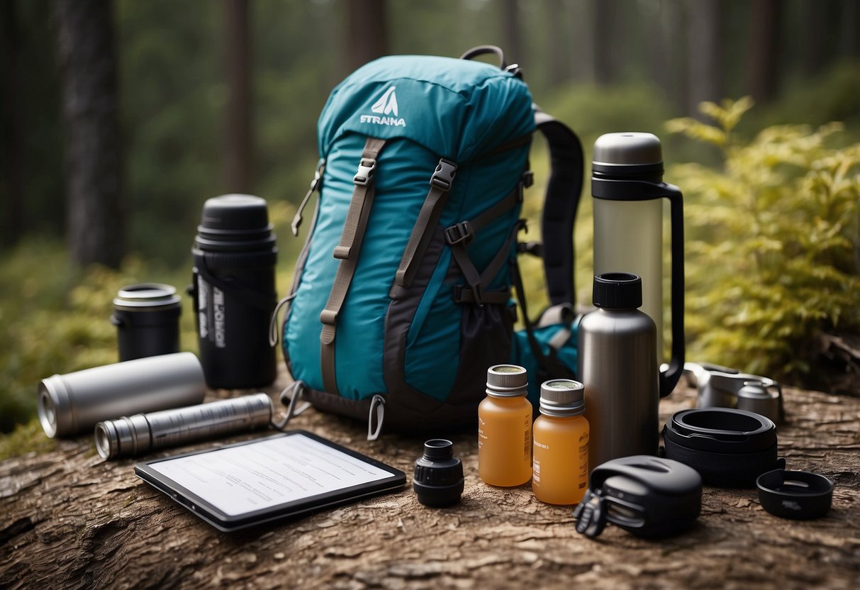 A trail runner's backpack open, displaying a Nathan SpeedDraw Plus Insulated Flask and 10 essential navigation tools