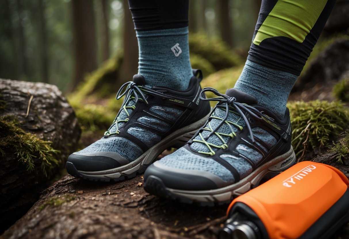 A pair of Injinji Trail Midweight Crew Socks surrounded by 10 essential navigation tools for trail running