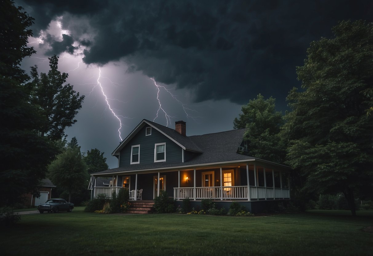 Dark clouds loom over a house. Lightning strikes in the distance. Trees sway in the wind. A radio broadcasts emergency alerts. A family gathers in a safe room