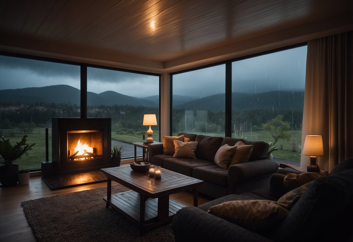 A cozy living room with dim lighting, curtains drawn, and a crackling fireplace. Outside, the storm rages, with dark clouds and rain lashing against the windows