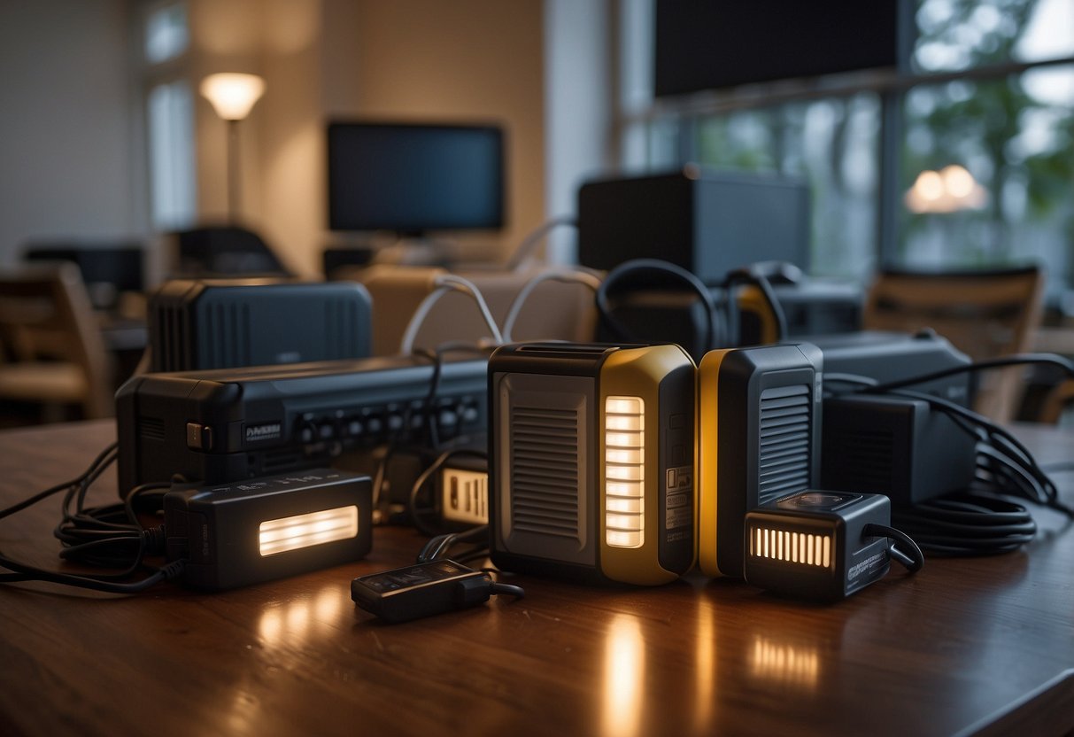 Electronic devices plugged into surge protectors. Flashlights and portable chargers lined up on a table. Windows covered with storm shutters. Emergency supplies stocked in a designated area