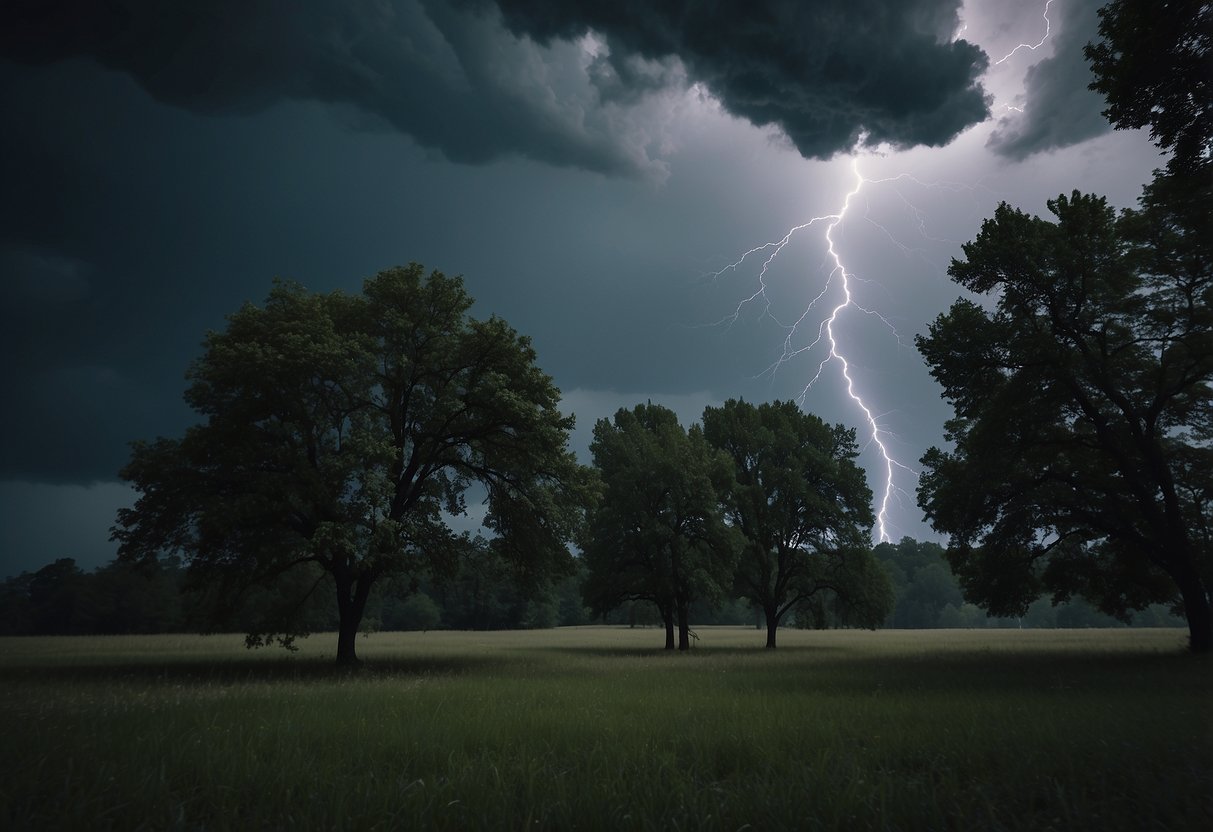 Dark clouds loom overhead as lightning strikes in the distance. Trees sway violently in the wind while rain pours down fiercely. Objects are being blown around, and the atmosphere is tense