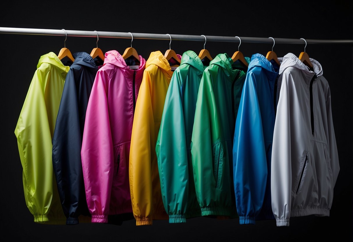 A group of five lightweight windbreakers hanging on a rack, each in a different vibrant color. The windbreakers are made of thin, breathable material and have a sleek, minimalist design