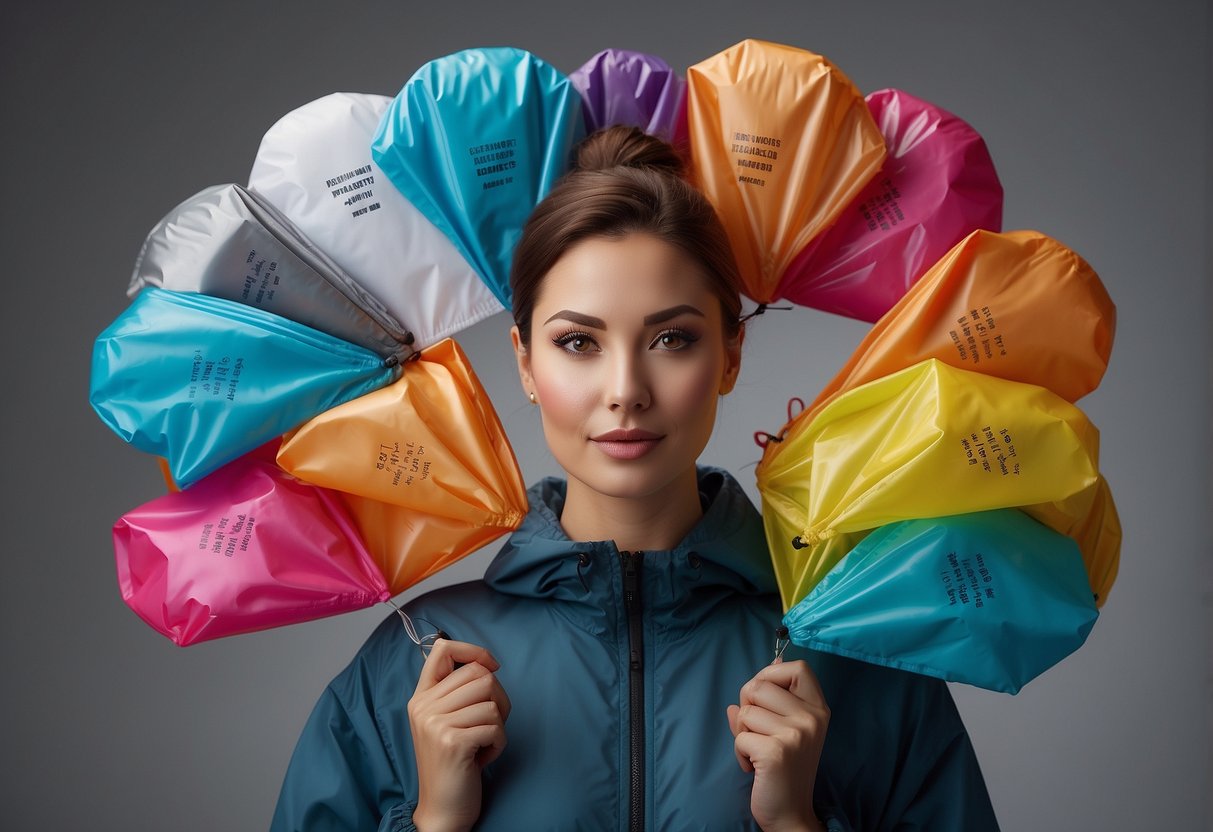 A person holding five different lightweight windbreakers, with a thought bubble above their head showing a checklist of features to consider