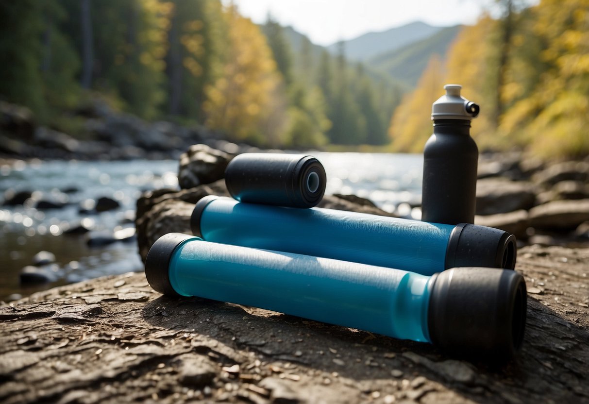 Trail runners' gear scattered on the ground, water bottles, foam rollers, and protein bars. A serene natural backdrop with trees and a flowing stream in the distance