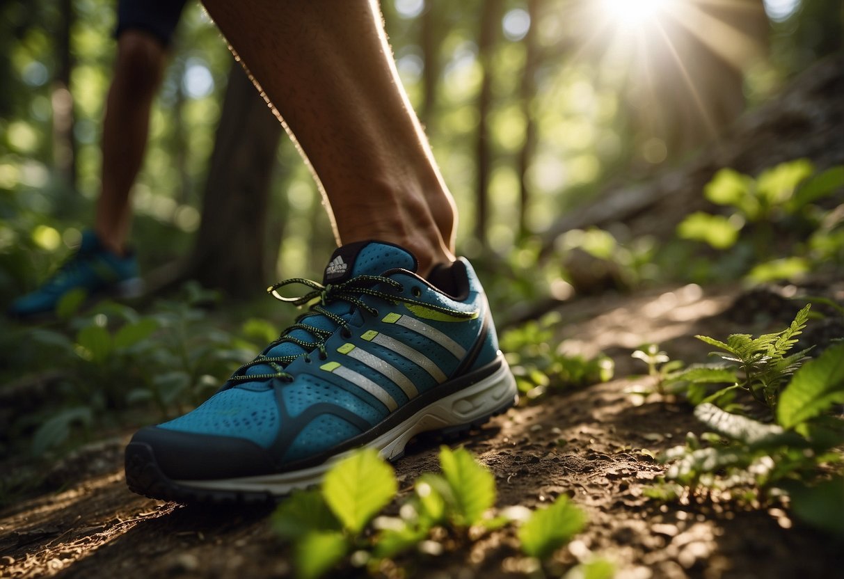 A trail runner reaches for a bottle of electrolyte-rich drink, surrounded by lush greenery and a winding trail. Sunlight filters through the trees, casting dappled shadows on the ground