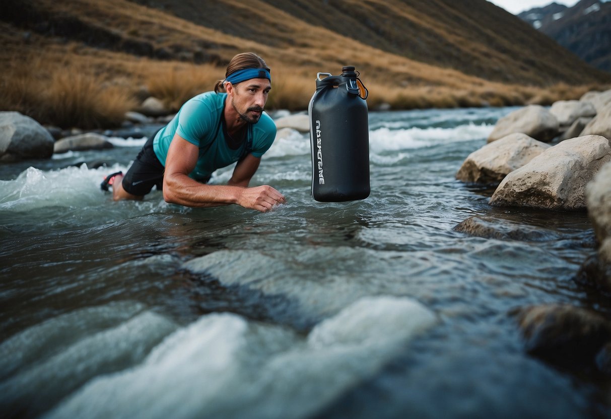 A trail runner submerges in icy water, surrounded by rugged terrain. A towel, water bottle, and recovery tools lay nearby