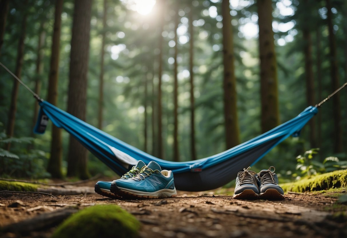 A peaceful forest clearing with a cozy campsite, surrounded by towering trees and a tranquil stream. A hammock sways gently in the breeze, while a pair of well-worn trail running shoes sit nearby, signaling a much-needed rest for the weary