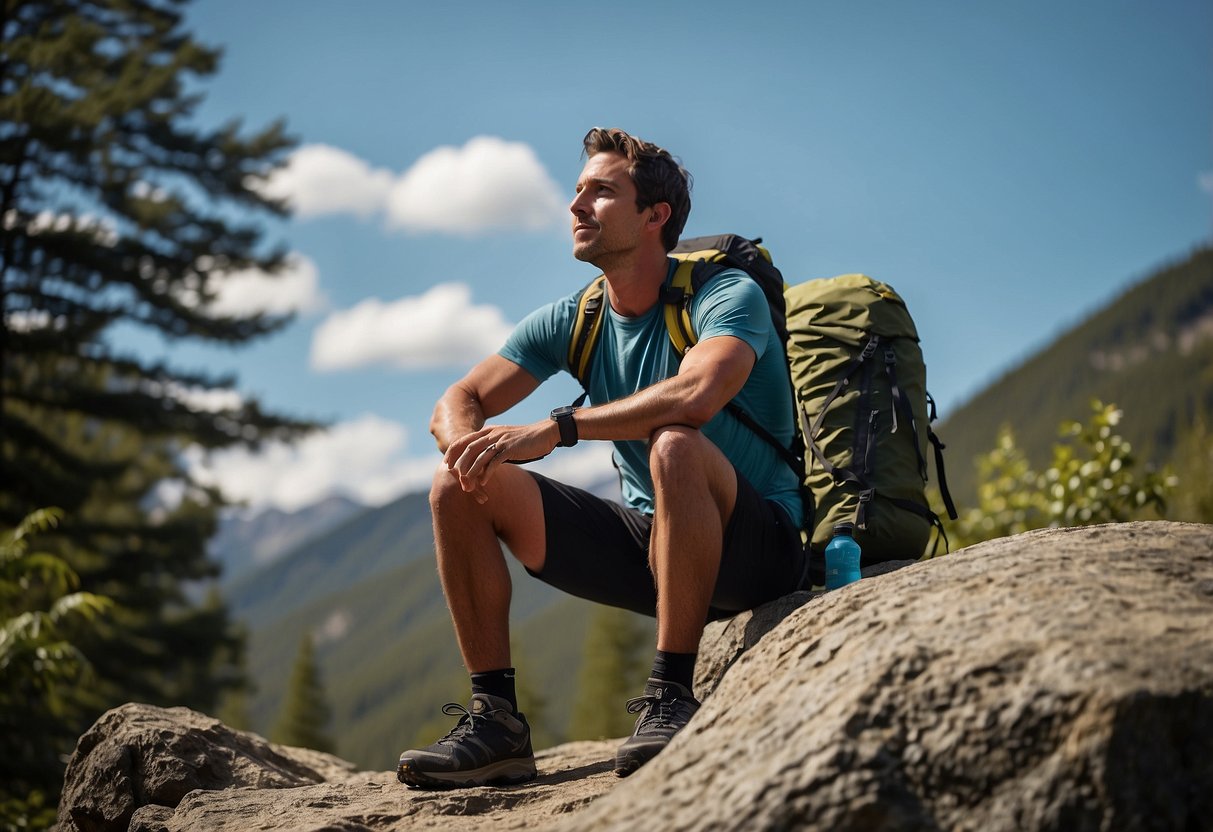 A trail runner sits on a rock, surrounded by trees and a flowing stream. Nearby, a backpack holds protein-rich snacks and water bottles for post-run recovery