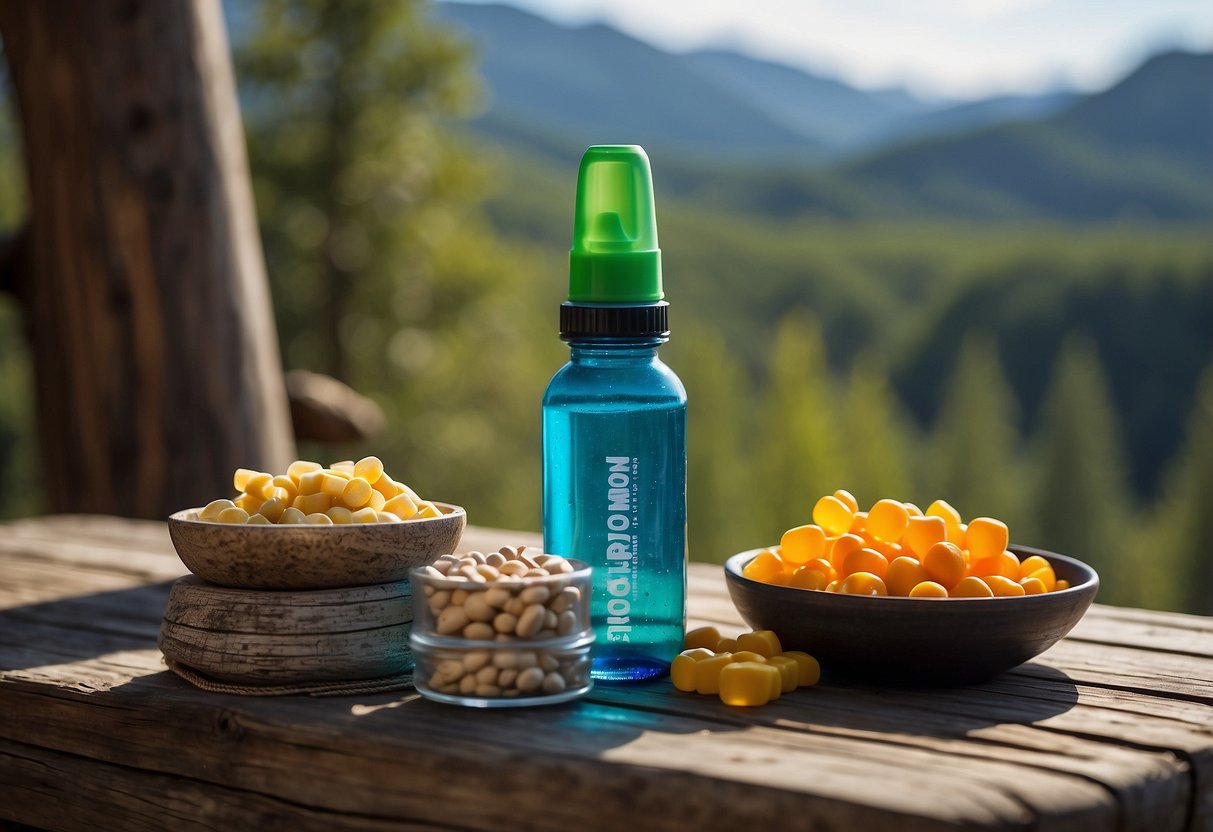 A trail runner's water bottle surrounded by anti-inflammatory supplements and recovery snacks on a rustic wooden table